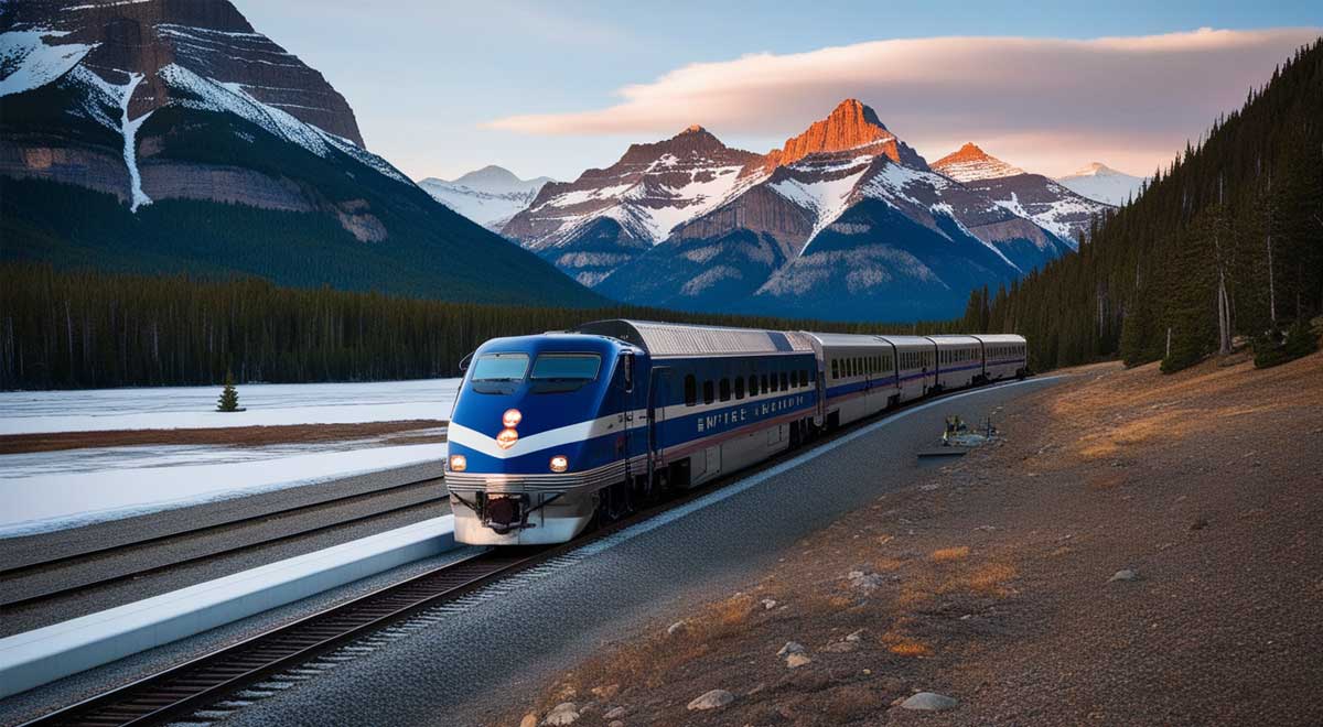 Amtrak Empire Builder train in Glacier National Park – scenic cross-country rail travel with mountain views