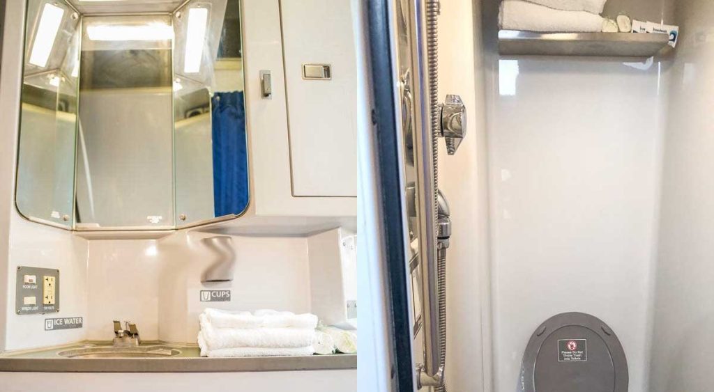 Clean, modern bathroom facility in Amtrak sleeping car with sink, mirror, and full amenities