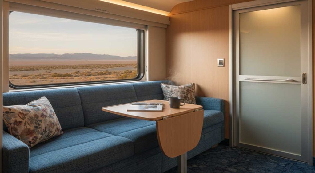 The spacious daytime setup in an Amtrak Bedroom